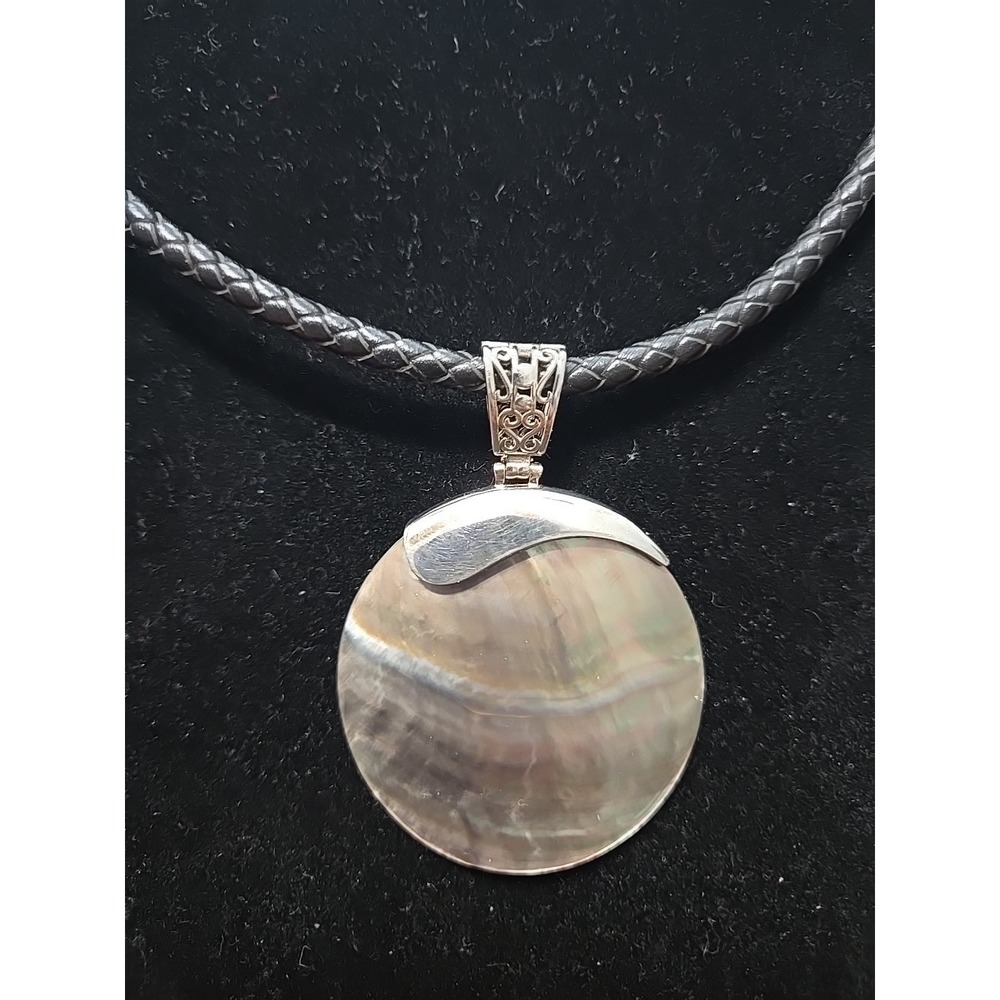 Abalone Shell Pendant w Sterling Silver Bail on Black Braided Leather Cord